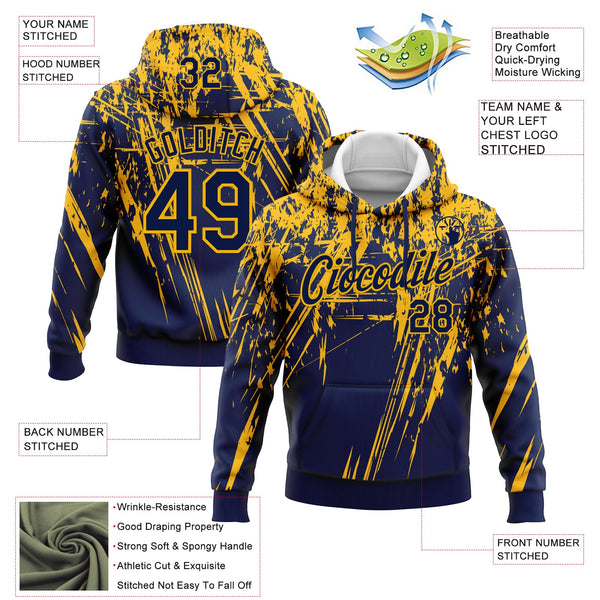 Custom Stitched Navy Gold 3D Pattern Design Splash Grunge Art Sports Pullover Sweatshirt Hoodie alternate