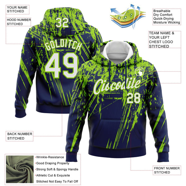 Custom Stitched Navy White-Neon Green 3D Pattern Design Splash Grunge Art Sports Pullover Sweatshirt Hoodie alternate