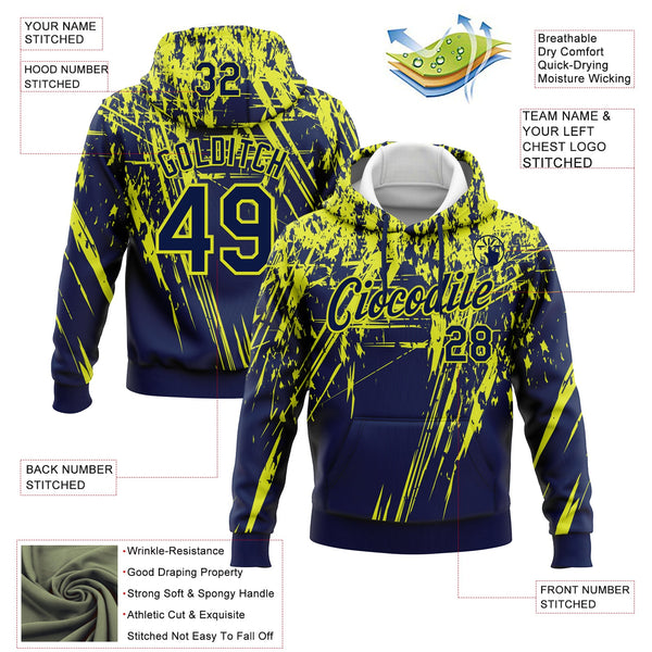 Custom Stitched Navy Neon Yellow 3D Pattern Design Splash Grunge Art Sports Pullover Sweatshirt Hoodie alternate