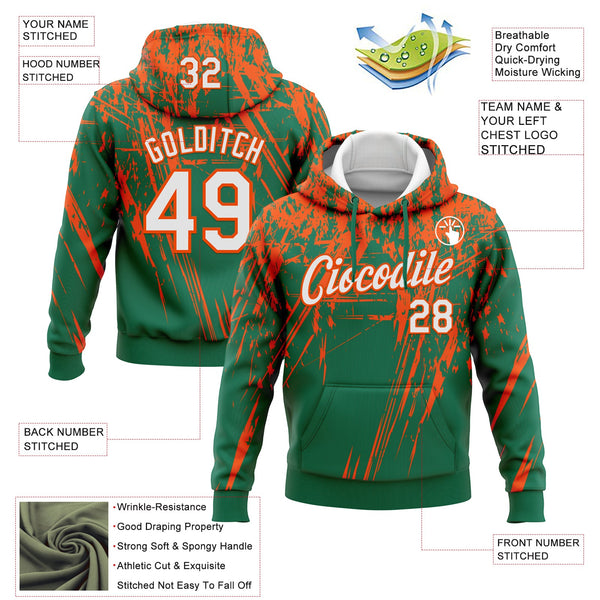 Custom Stitched Kelly Green White-Orange 3D Pattern Design Splash Grunge Art Sports Pullover Sweatshirt Hoodie alternate