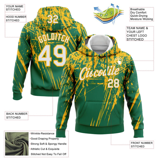 Custom Stitched Kelly Green White-Gold 3D Pattern Design Splash Grunge Art Sports Pullover Sweatshirt Hoodie alternate