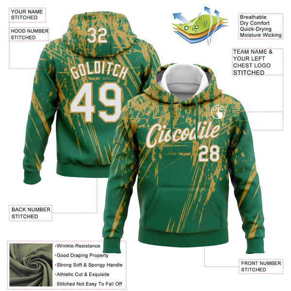 Custom Stitched Kelly Green White-Old Gold 3D Pattern Design Splash Grunge Art Sports Pullover Sweatshirt Hoodie alternate