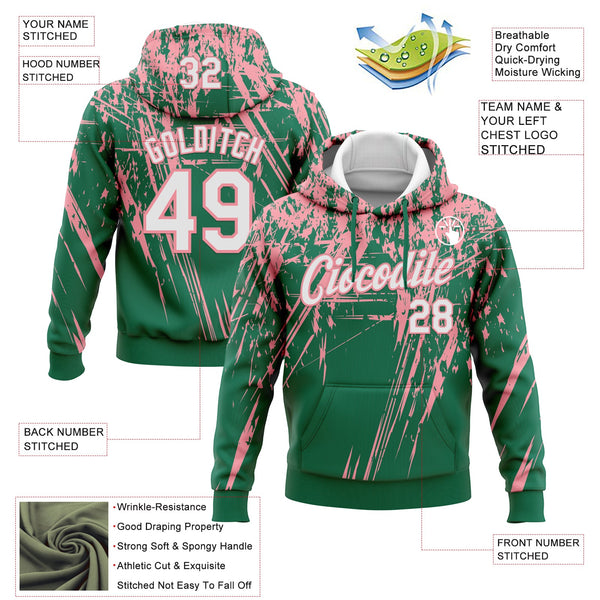 Custom Stitched Kelly Green White-Medium Pink 3D Pattern Design Splash Grunge Art Sports Pullover Sweatshirt Hoodie alternate
