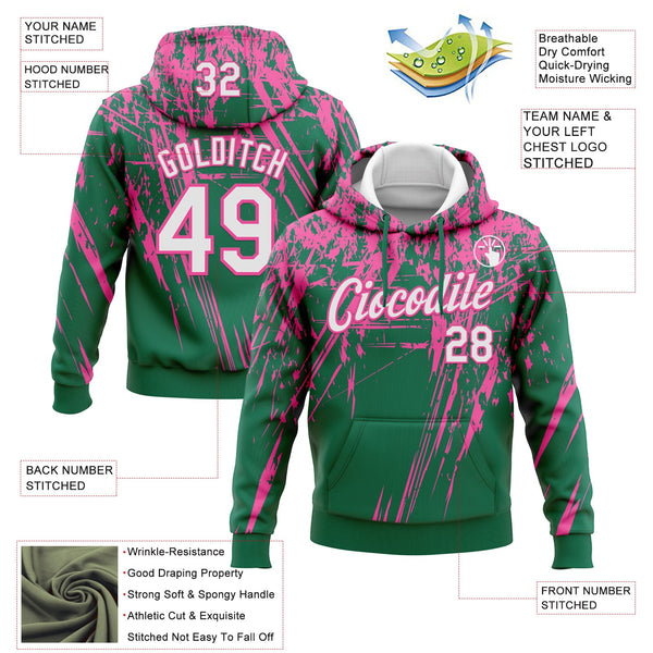 Custom Stitched Kelly Green White-Pink 3D Pattern Design Splash Grunge Art Sports Pullover Sweatshirt Hoodie alternate