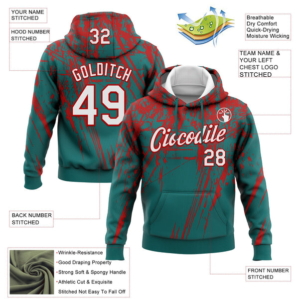 Custom Stitched Teal White-Red 3D Pattern Design Splash Grunge Art Sports Pullover Sweatshirt Hoodie alternate
