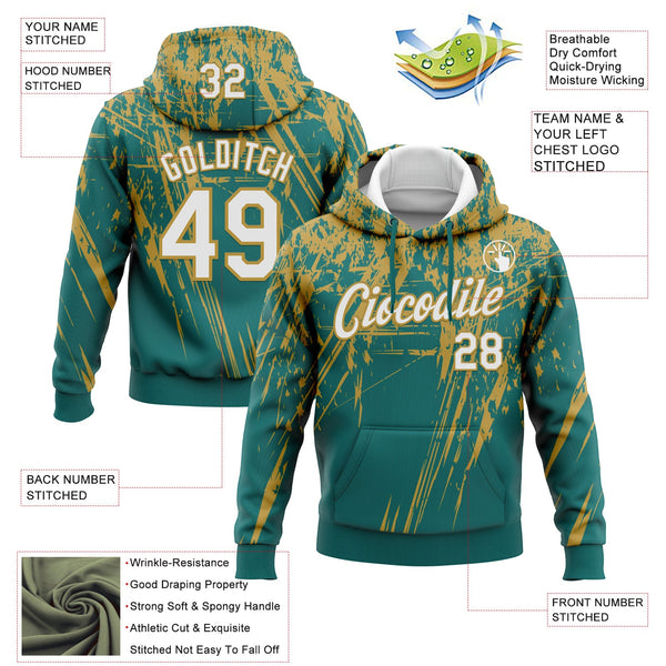 Custom Stitched Teal White-Old Gold 3D Pattern Design Splash Grunge Art Sports Pullover Sweatshirt Hoodie alternate