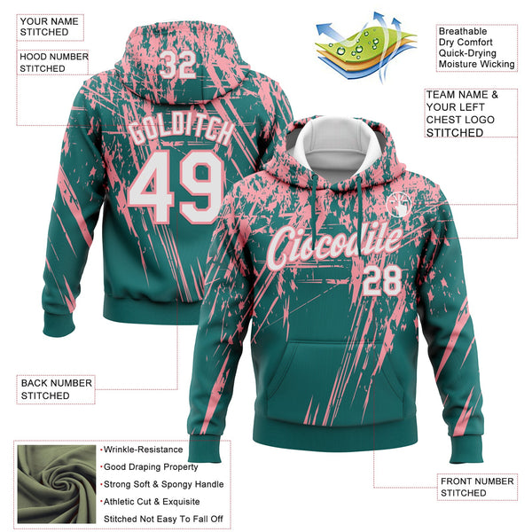 Custom Stitched Teal White-Medium Pink 3D Pattern Design Splash Grunge Art Sports Pullover Sweatshirt Hoodie alternate