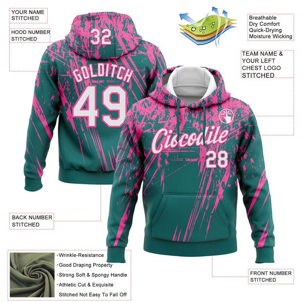 Custom Stitched Teal White-Pink 3D Pattern Design Splash Grunge Art Sports Pullover Sweatshirt Hoodie alternate