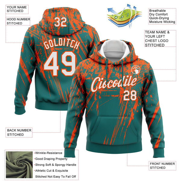 Custom Stitched Teal White-Orange 3D Pattern Design Splash Grunge Art Sports Pullover Sweatshirt Hoodie alternate