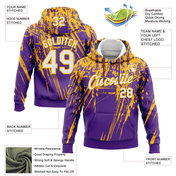 Custom Stitched Purple White-Gold 3D Pattern Design Splash Grunge Art Sports Pullover Sweatshirt Hoodie alternate