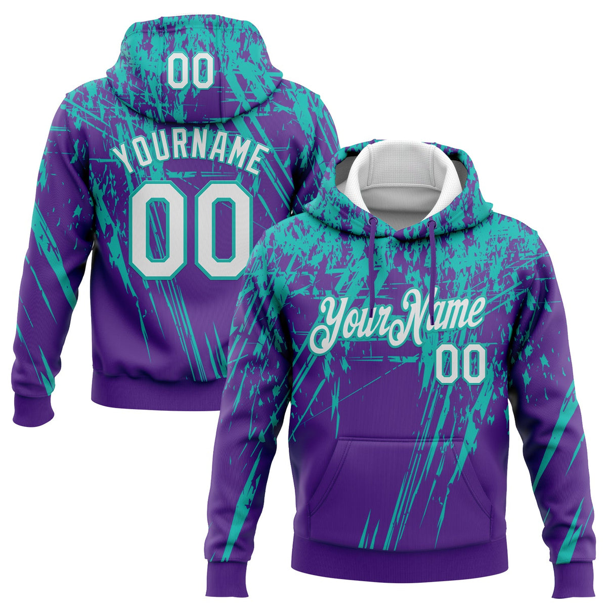 Custom Stitched Purple White-Aqua 3D Pattern Design Splash Grunge Art Sports Pullover Sweatshirt Hoodie