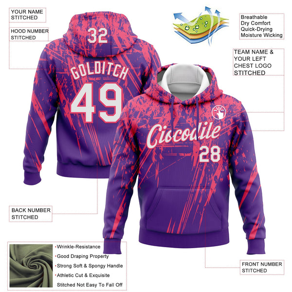 Custom Stitched Purple White-Neon Pink 3D Pattern Design Splash Grunge Art Sports Pullover Sweatshirt Hoodie alternate