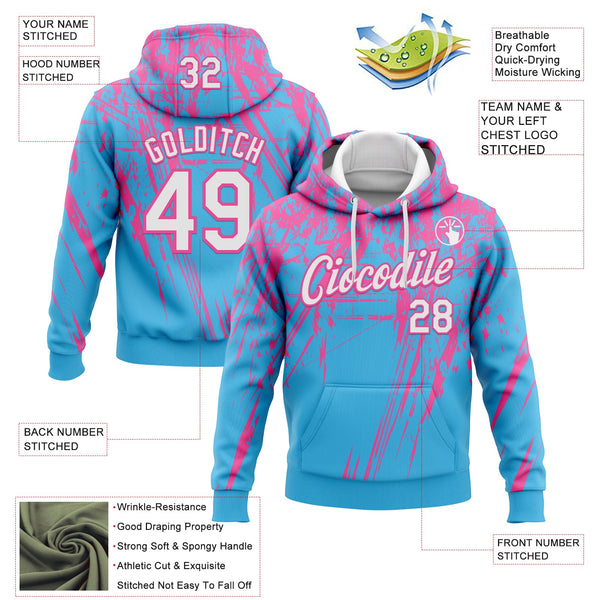Custom Stitched Sky Blue White-Pink 3D Pattern Design Splash Grunge Art Sports Pullover Sweatshirt Hoodie alternate