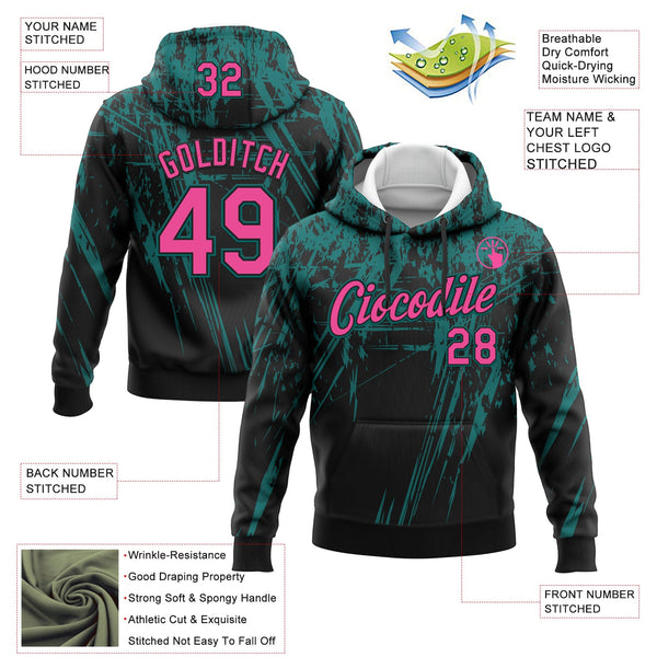 Custom Stitched Black Pink-Teal 3D Pattern Design Splash Grunge Art Sports Pullover Sweatshirt Hoodie alternate