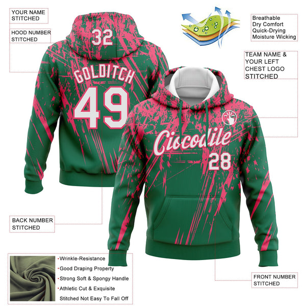 Custom Stitched Kelly Green White-Neon Pink 3D Pattern Design Splash Grunge Art Sports Pullover Sweatshirt Hoodie alternate