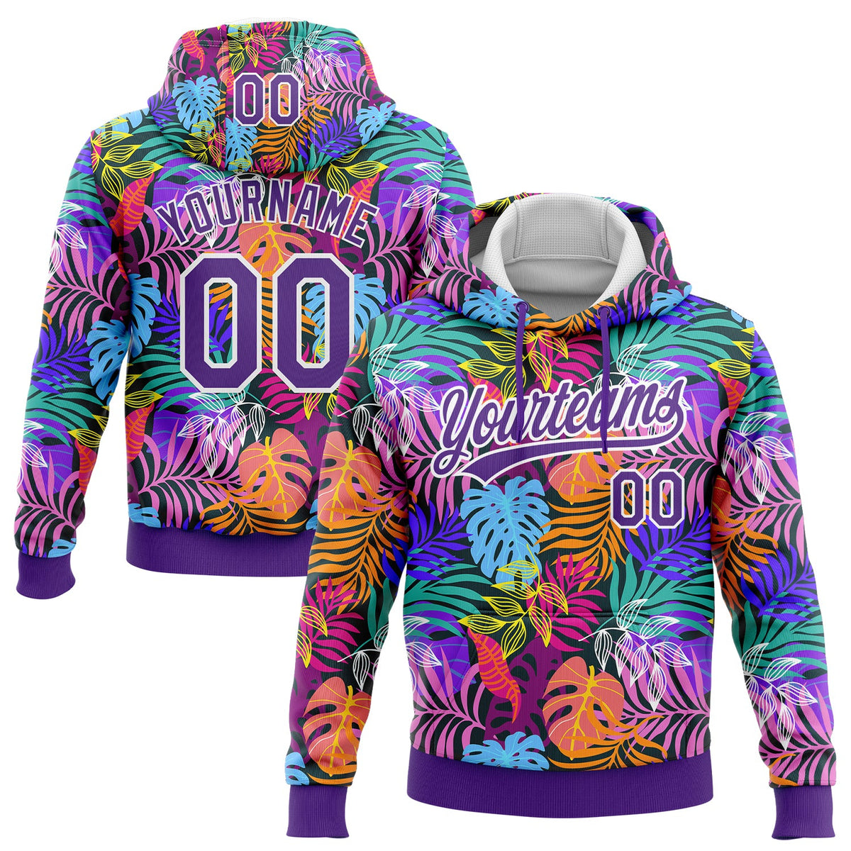 Custom Stitched Purple White 3D Hawaii Palm Trees Sports Pullover Sweatshirt Hoodie