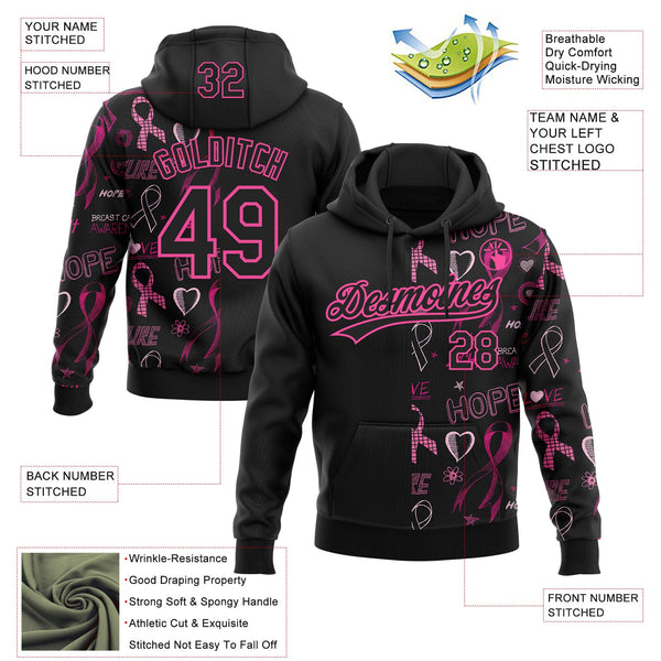 Custom Stitched Black Pink 3D Pattern Design Pink Ribbon Breast Cancer Awareness Month Women Health Care Support Sports Pullover Sweatshirt Hoodie alternate