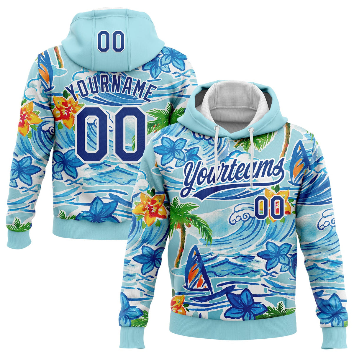Custom Stitched Blue Royal-White 3D Beach Hawaii Palm Trees And Flowers Sports Pullover Sweatshirt Hoodie
