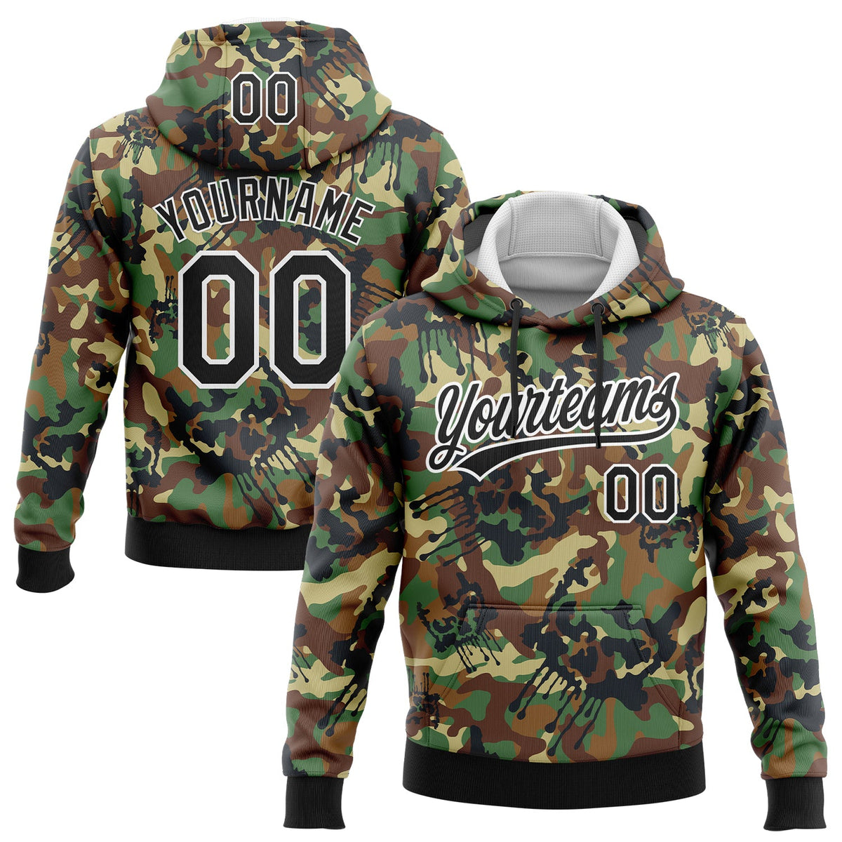 Custom Stitched Camo Black-White 3D Graffiti Drips Sports Pullover Sweatshirt Salute To Service Hoodie