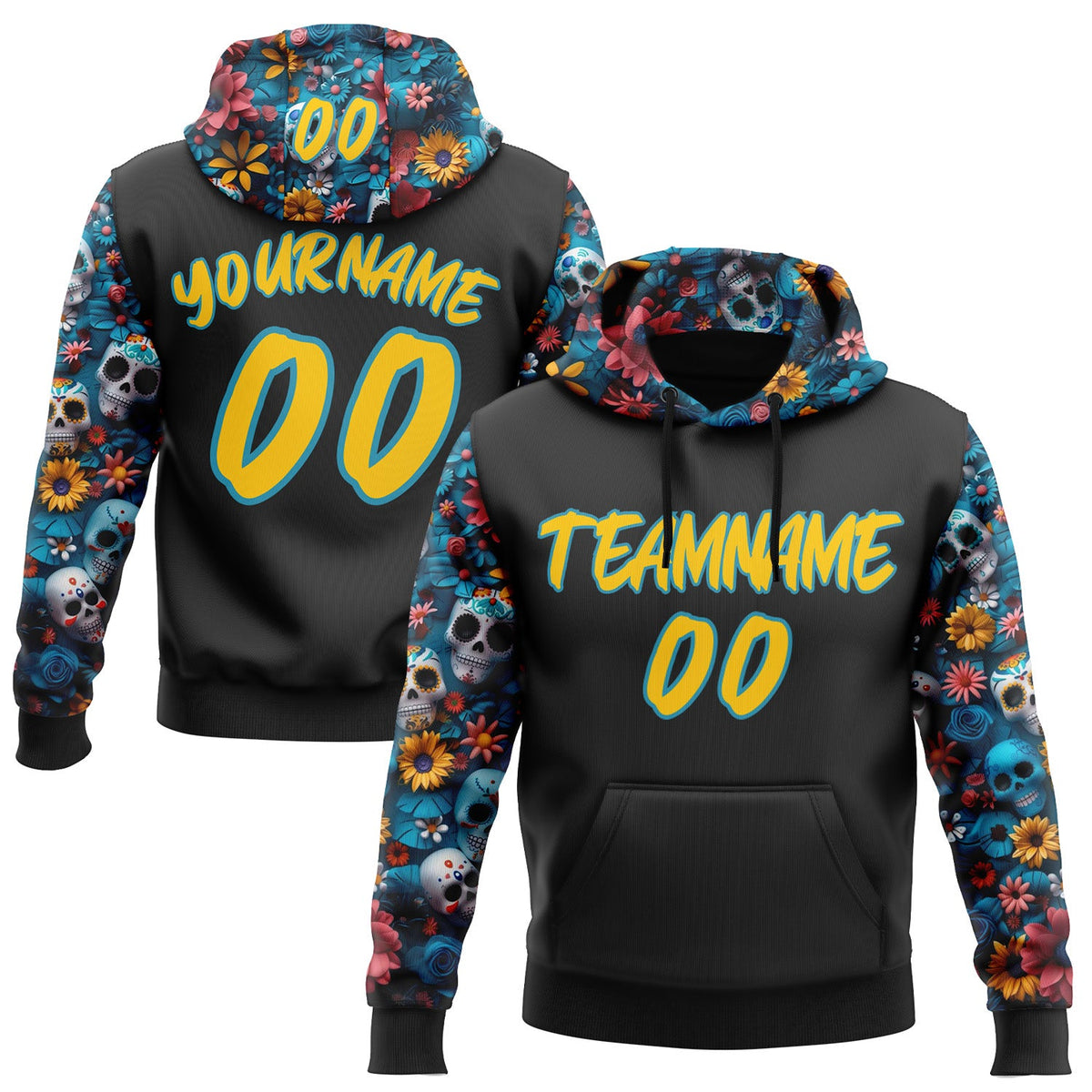 Custom Black Yellow-Panther Blue 3D Skull Calavera Day Of The Dead Dia de los Muertos Sports Pullover Sweatshirt Hoodie