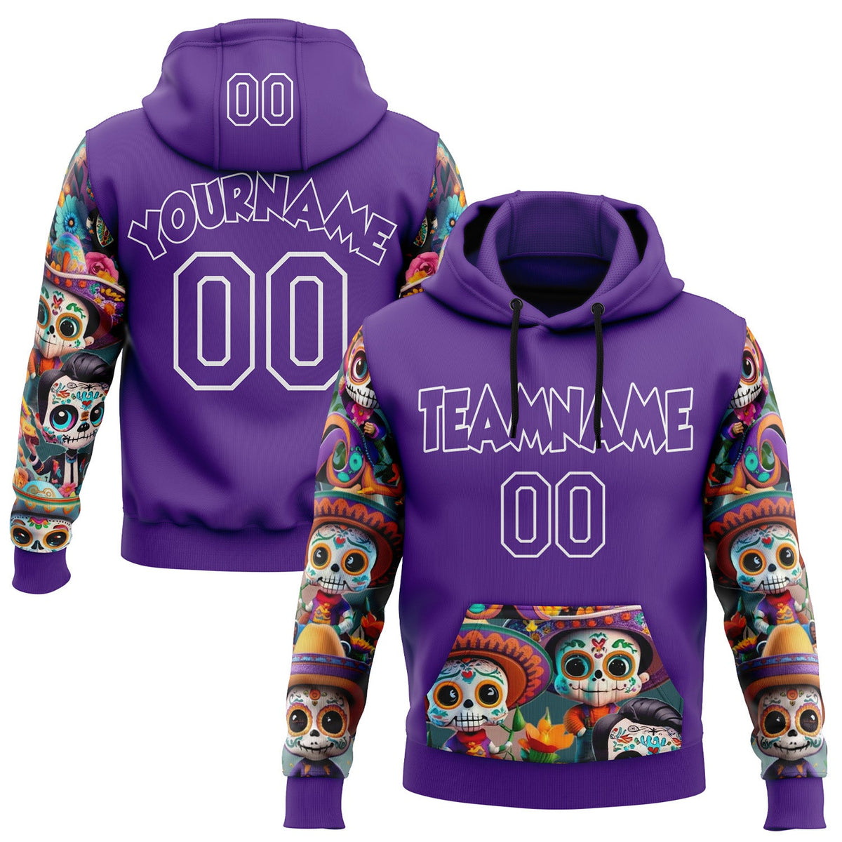 Custom Purple White 3D Skull Calavera Day Of The Dead Dia de los Muertos Sports Pullover Sweatshirt Hoodie
