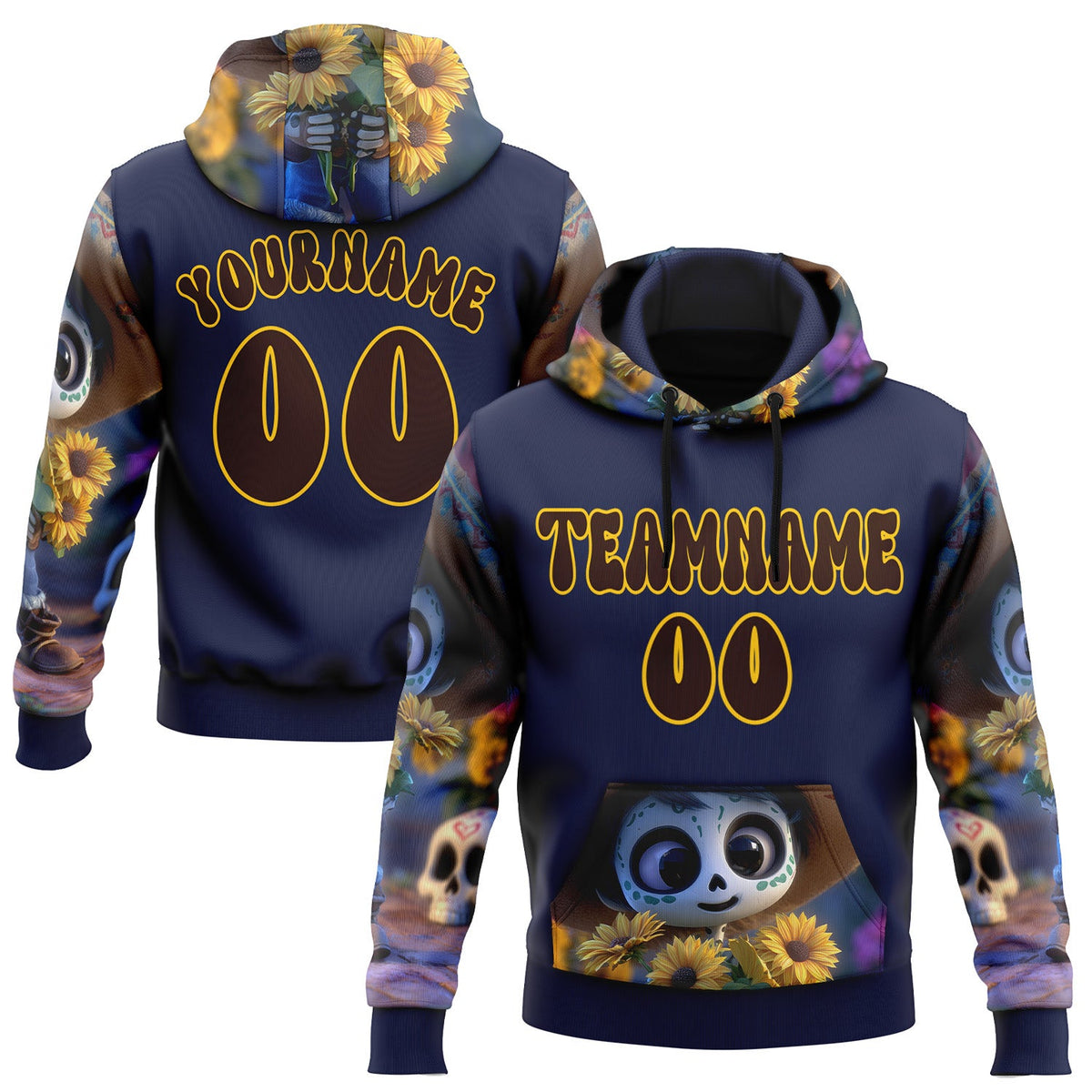 Custom Blue Brown-Yellow 3D Skull Sunflower Day Of The Dead Dia de los Muertos Sports Pullover Sweatshirt Hoodie