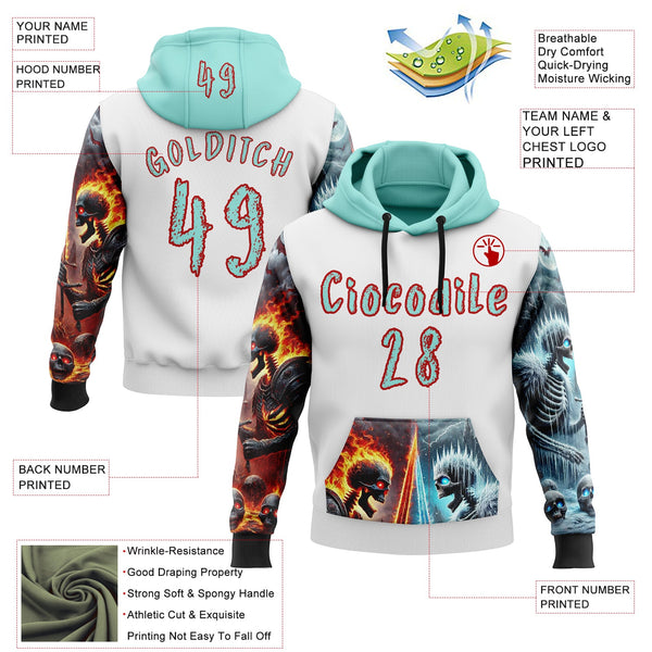 Custom White Ice Blue-Red 3D Skull Flame VS Ice Sports Pullover Sweatshirt Hoodie alternate