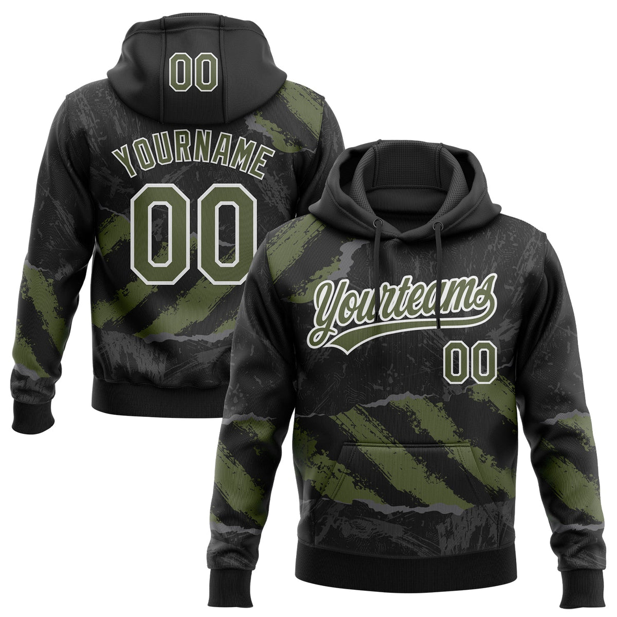 Custom Stitched Black Olive Steel Gray-White 3D Pattern Design Splash Sports Pullover Sweatshirt Hoodie