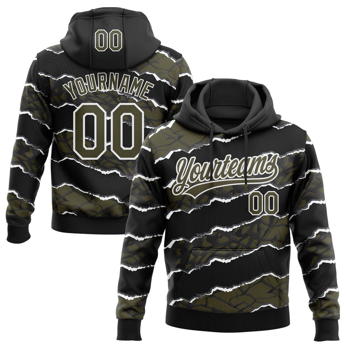 Custom Stitched Black Olive-White 3D Pattern Design Torn Paper Style Sports Pullover Sweatshirt Hoodie