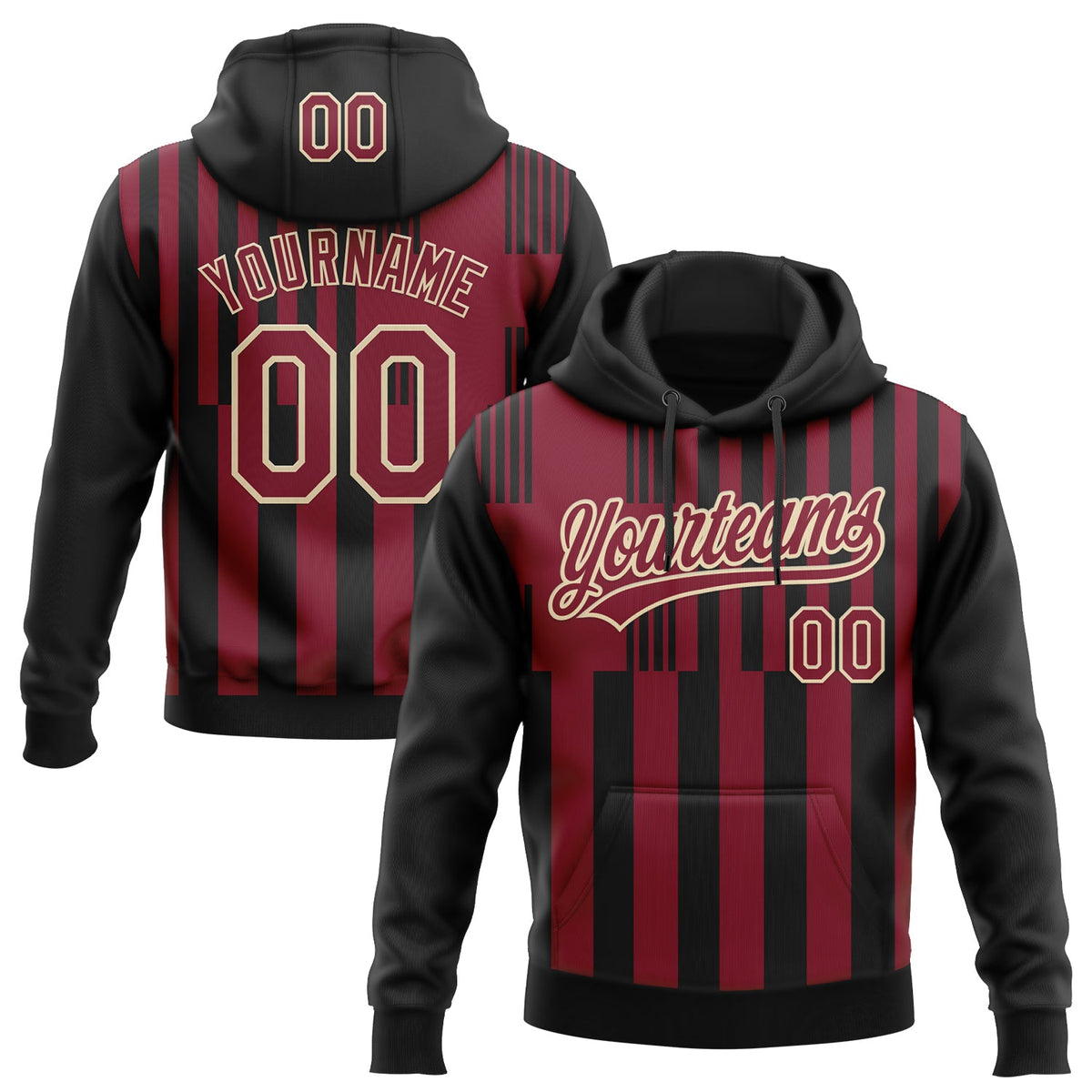 Custom Stitched Black Crimson-Cream 3D Pattern Design Line Sportswear Pullover Sweatshirt Hoodie