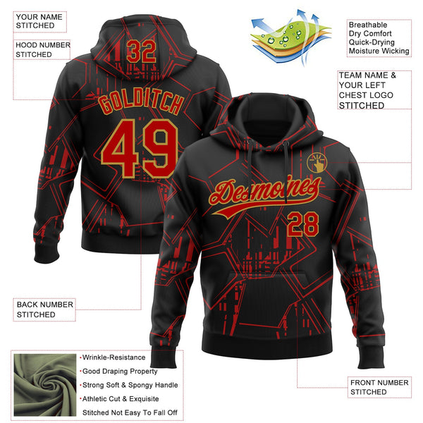Custom Stitched Black Red-Old Gold 3D Pattern Design Line Sportswear Pullover Sweatshirt Hoodie alternate