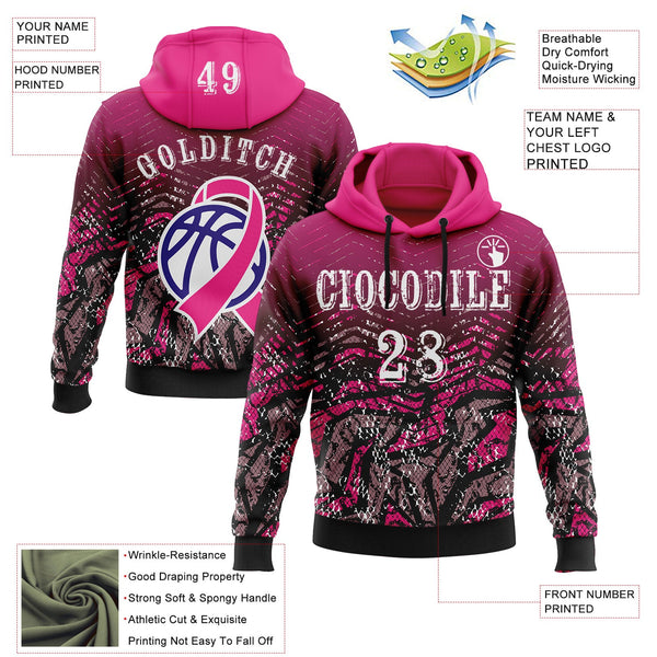 Custom Hot Pink White-Black 3D Pink Ribbon Breast Cancer Awareness Women Health Care Support Sports Pullover Sweatshirt Hoodie alternate