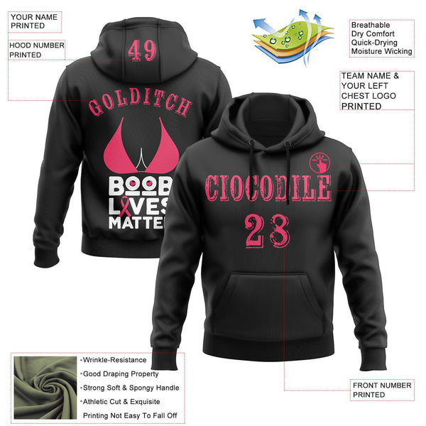 Custom Black Neon Pink-White 3D Pink Ribbon Breast Cancer Awareness Women Health Care Support Sports Pullover Sweatshirt Hoodie alternate
