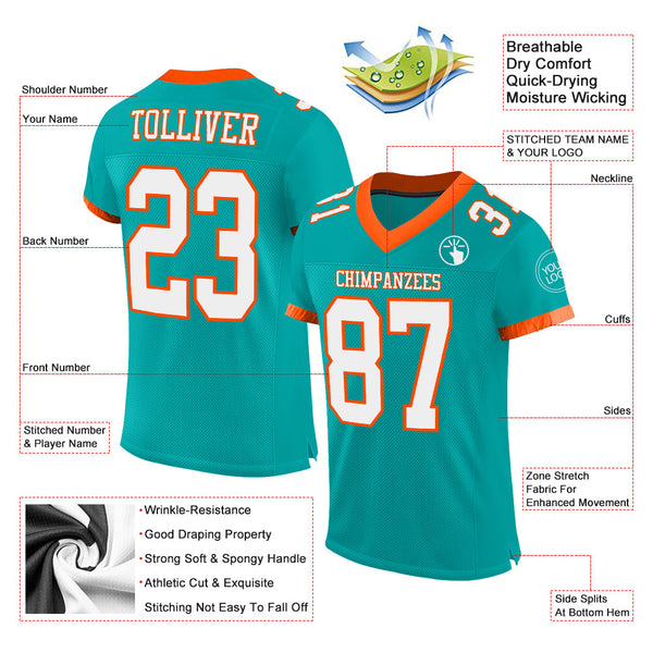 Custom Aqua White-Orange Mesh Authentic Football Jersey alternate
