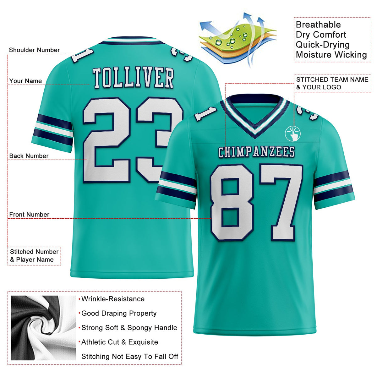 Custom Aqua White-Navy Authentic Football Jersey - Back