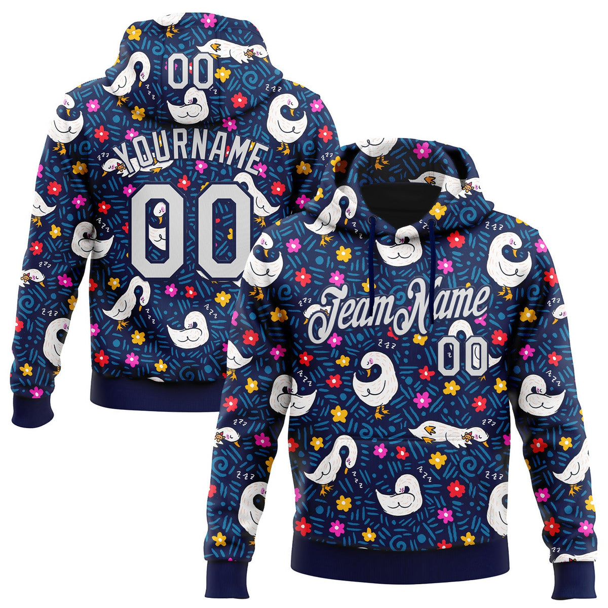 Custom Stitched Navy White 3D Emi Bee Sleeping Geese Sports Pullover Sweatshirt Hoodie