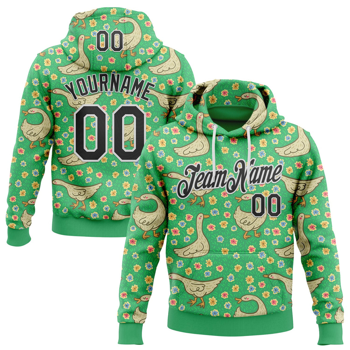 Custom Stitched Green Black-White 3D Emi Bee Meadow Geese Sports Pullover Sweatshirt Hoodie