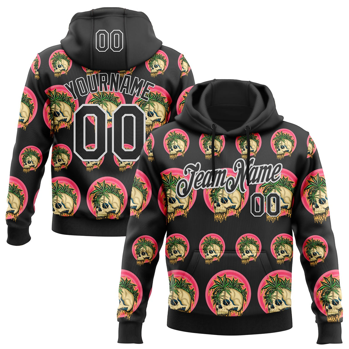 Custom Stitched Black Black-White 3D Illymakes Drippy Tropical Skull Sports Pullover Sweatshirt Hoodie