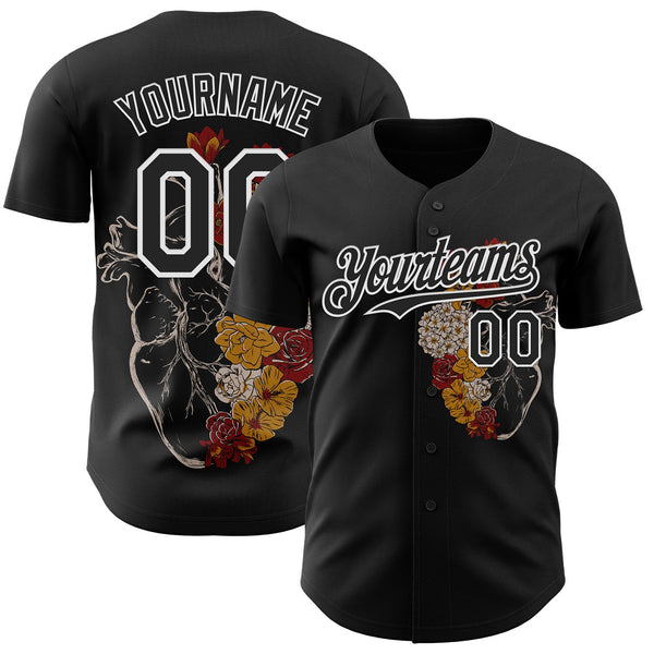 Custom Black Black-White 3D Tobe Fonseca Floral Heart Vintage Authentic Baseball Jersey