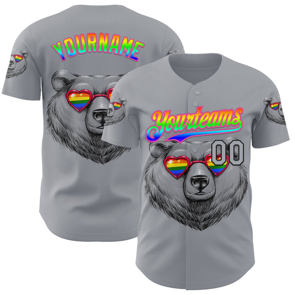 Custom Gray Gradient Black-Pink 3D Tobe Fonseca Pride Heart Bear Authentic Baseball Jersey