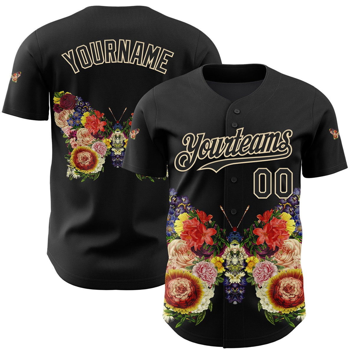 Custom Black Black-Cream 3D Tobe Fonseca Spring Butterfly Foral Authentic Baseball Jersey