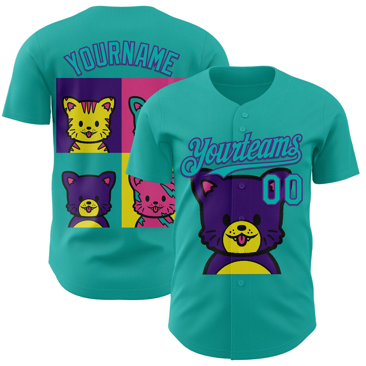 Custom Aqua Aqua-Purple 3D Tobe Fonseca Cat Warhol Pop Art Authentic Baseball Jersey