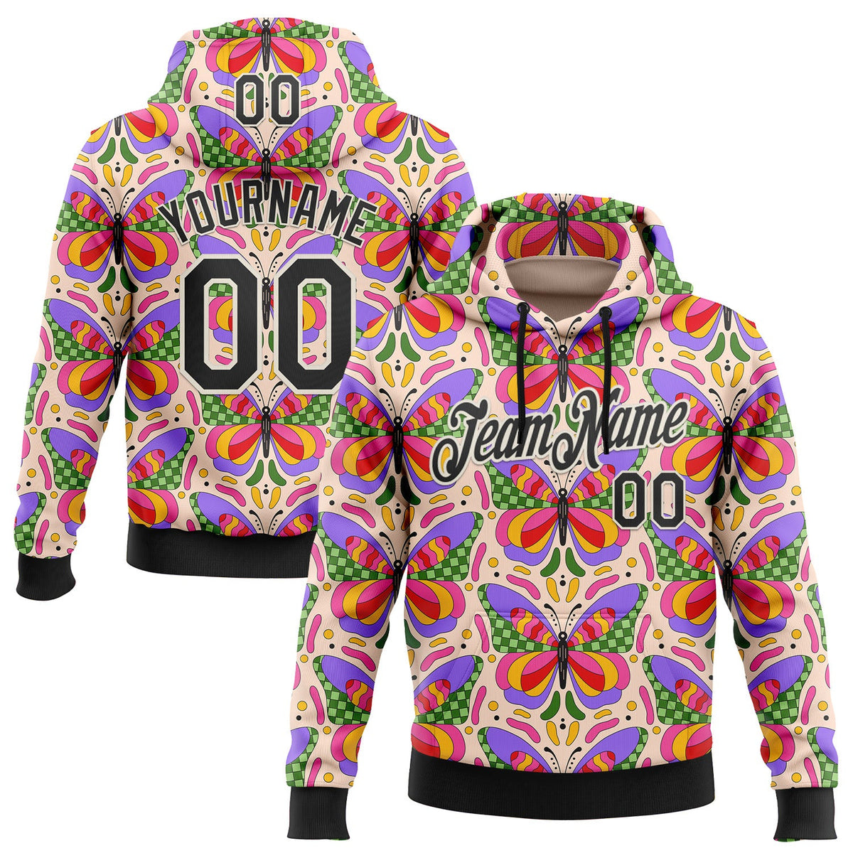Custom Stitched Pink Black-Cream 3D Ambartive Butterfly Pattern Sports Pullover Sweatshirt Hoodie