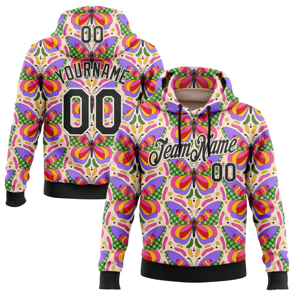 Custom Stitched Pink Black-Cream 3D Ambartive Butterfly Pattern Sports Pullover Sweatshirt Hoodie