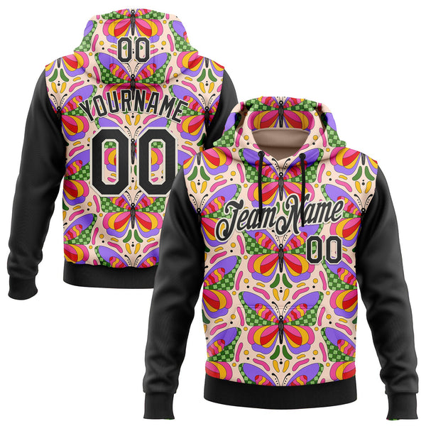 Custom Stitched Pink Black-Cream 3D Ambartive Butterfly Pattern Sports Pullover Sweatshirt Hoodie