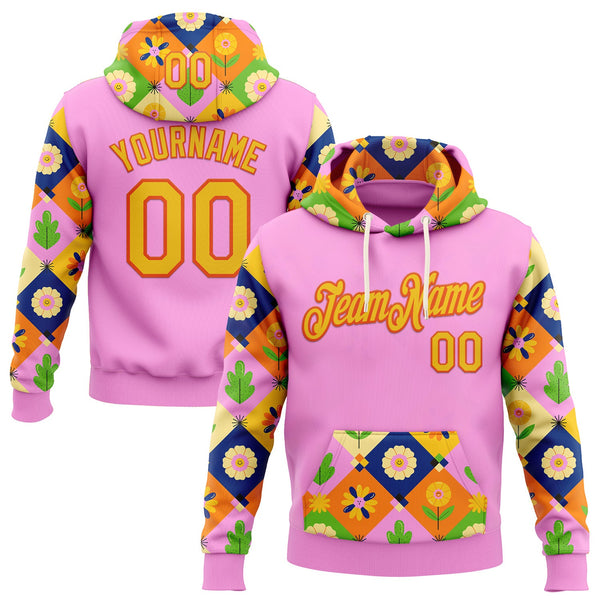 Custom Stitched Pink Yellow-Orange 3D Ambartive Abstract Flowers Pattern Sports Pullover Sweatshirt Hoodie