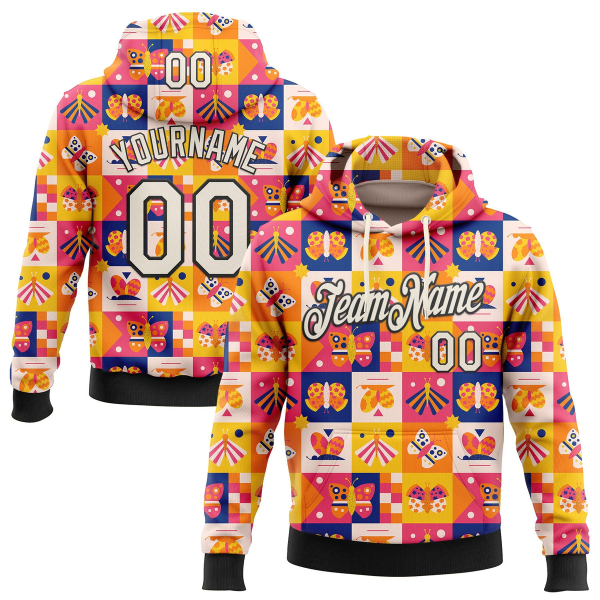 Custom Stitched Yellow Cream-Black 3D Ambartive Abstract Butterfly Pattern Sports Pullover Sweatshirt Hoodie