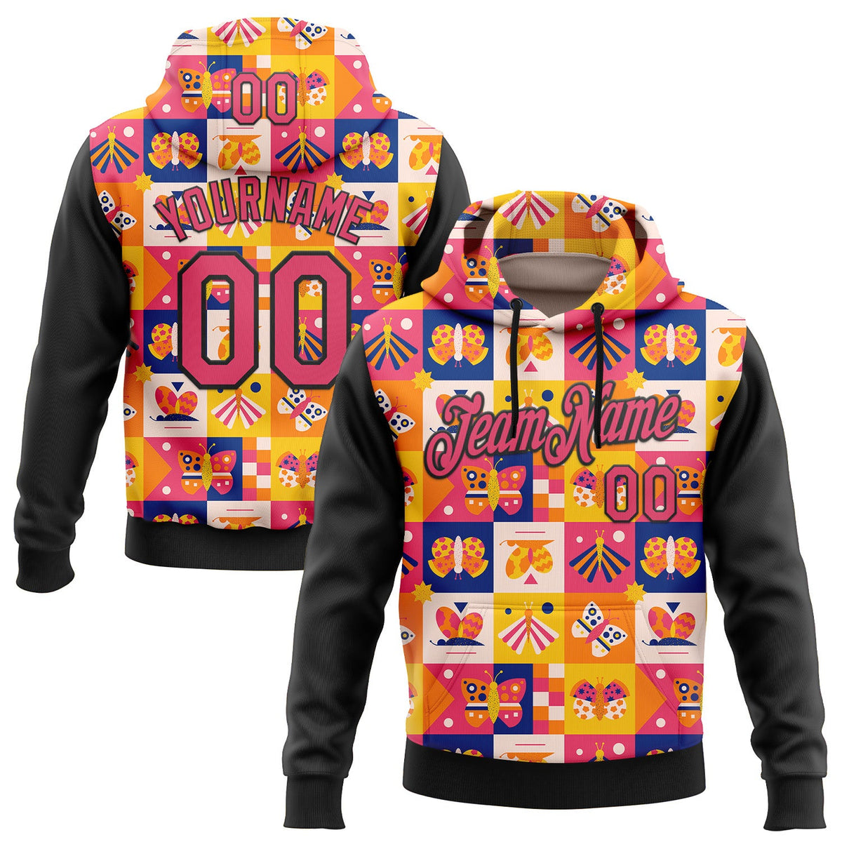 Custom Stitched Yellow Neon Pink-Black 3D Ambartive Abstract Butterfly Pattern Sports Pullover Sweatshirt Hoodie