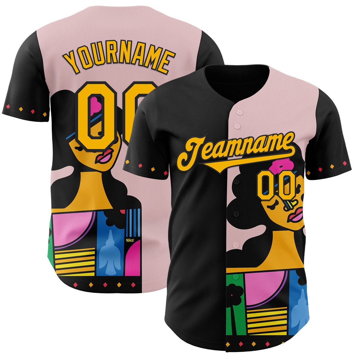 Custom Light Pink Gold-Black Ninhol Bird Heart Authentic Baseball Jersey