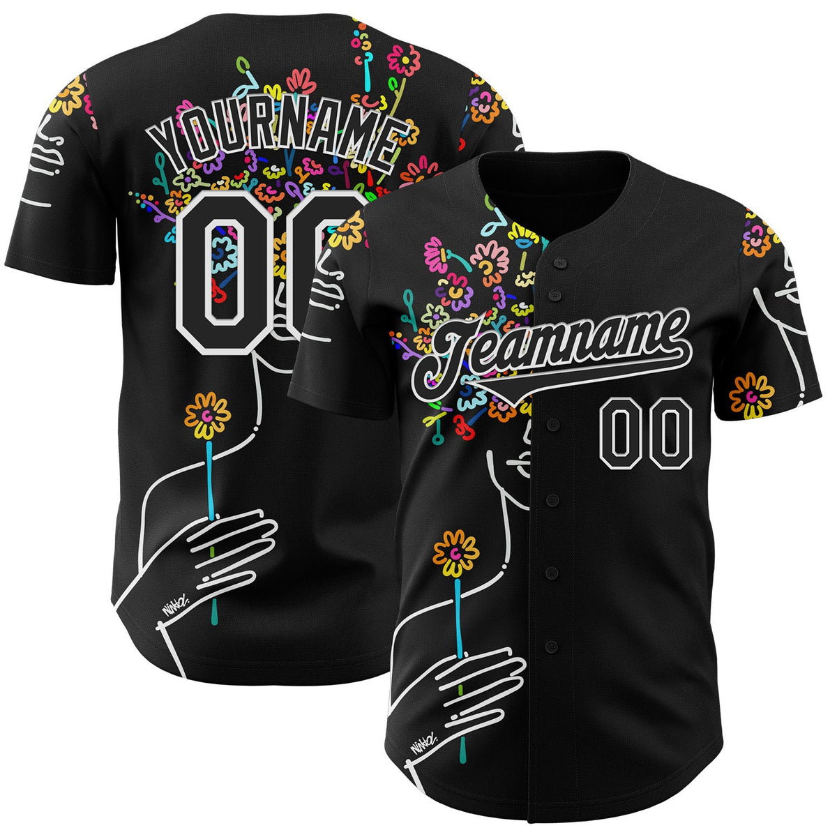 Custom Black White Ninhol Bloom Authentic Baseball Jersey